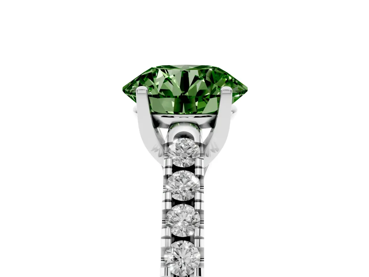 Fancy Green Round Cut Diamond Pavé Band Solitaire Ring with Prong Setting Platinum