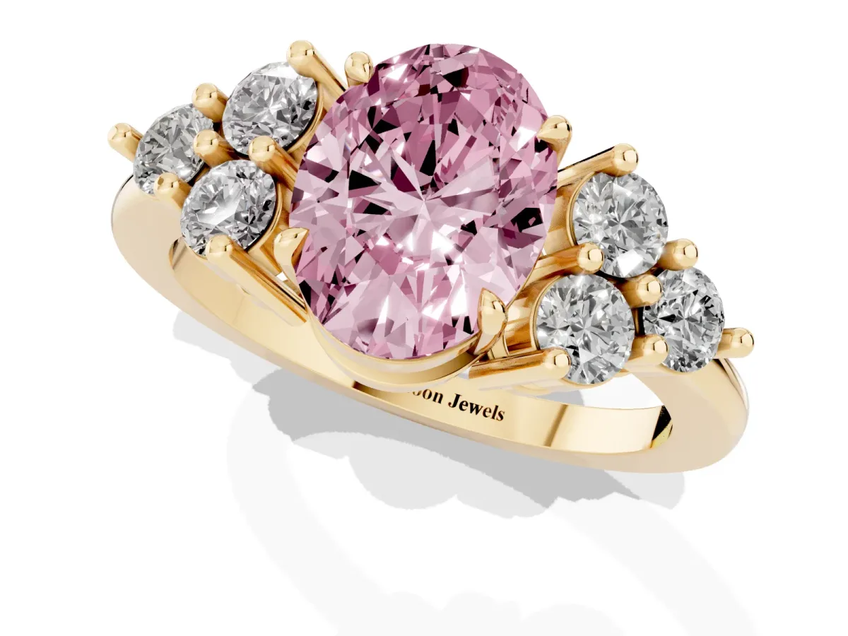 Fancy Pink Oval Cut Brilliant Diamond Cluster Accent Solitaire Ring with Prong Setting Yellow gold