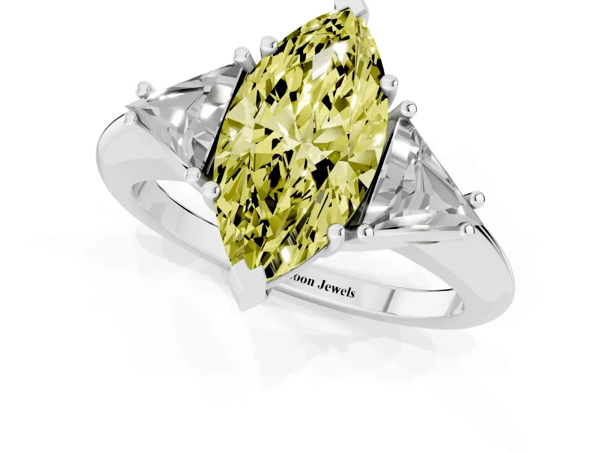 Fancy Yellow Three-Stone Marquise Cut Diamond Engagement Ring with Trillion Side Stones and Prong Setting White gold
