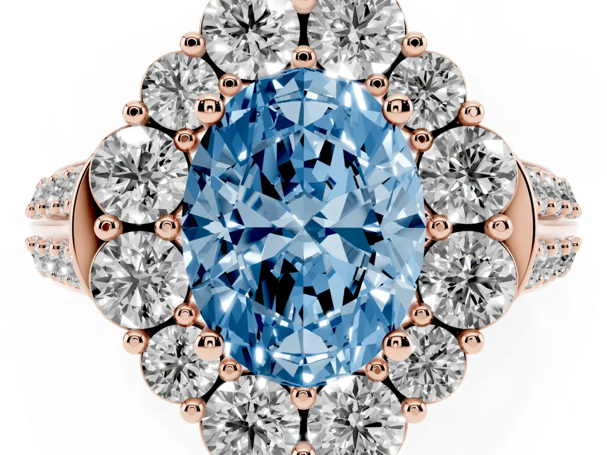 Fancy Blue Oval Cut Halo Diamond Engagement Ring with Split Shank and Prong Setting Rose gold