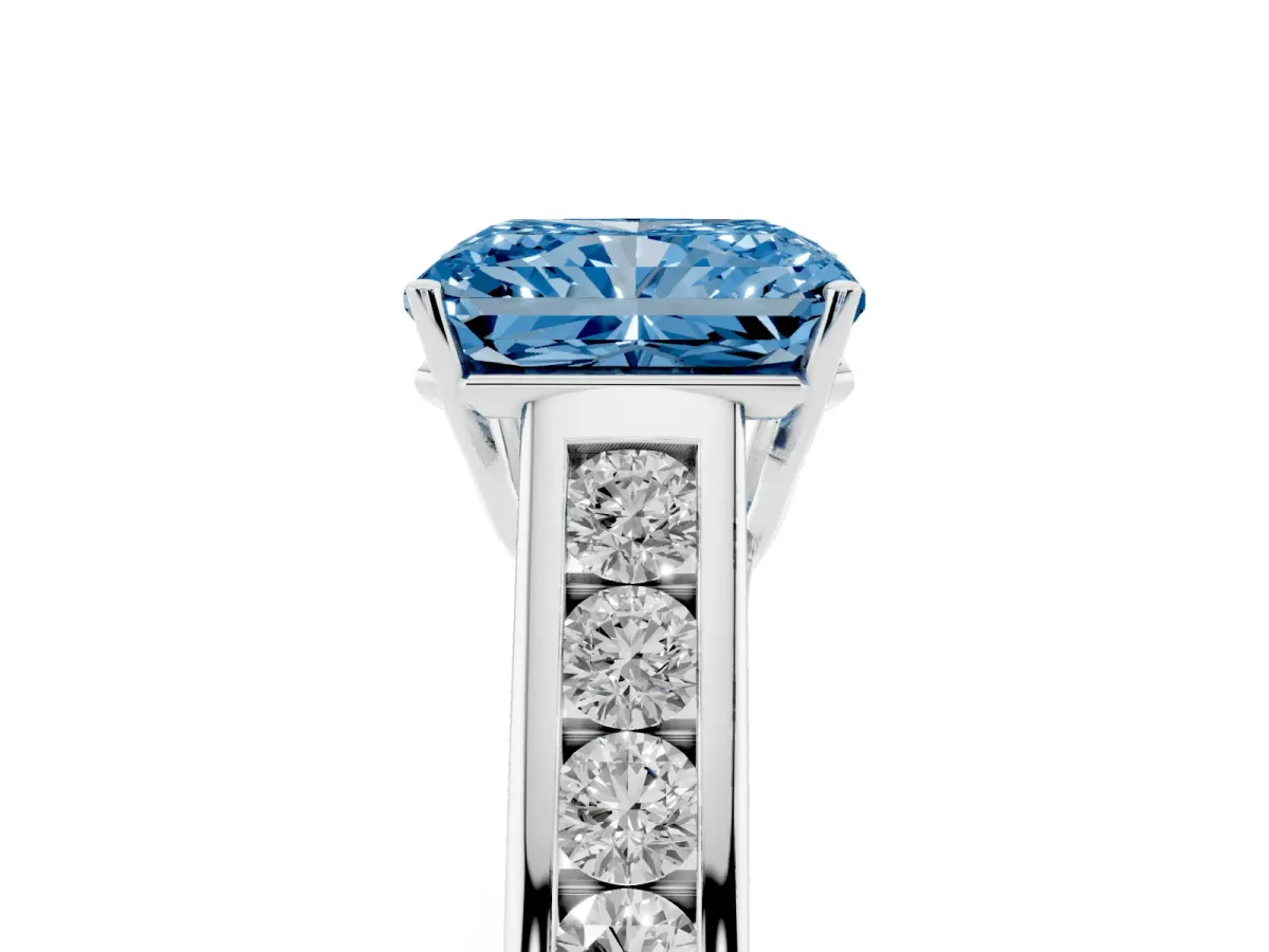 Fancy Blue Radiant Cut Solitaire Channel-Set Diamond Engagement Ring with Four-Prong Setting Platinum