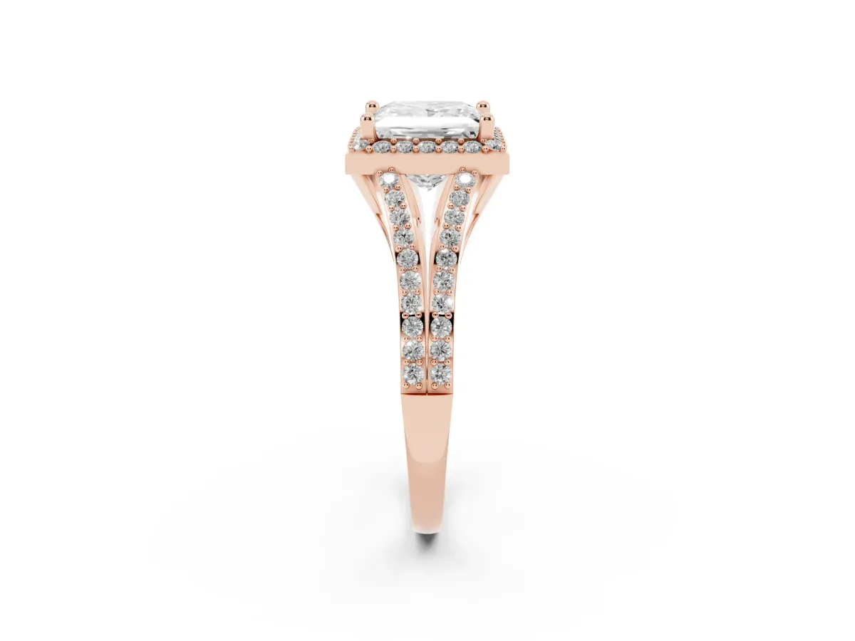 Princess Cut Halo Split Shank Diamond Ring with Prong Setting Rose gold