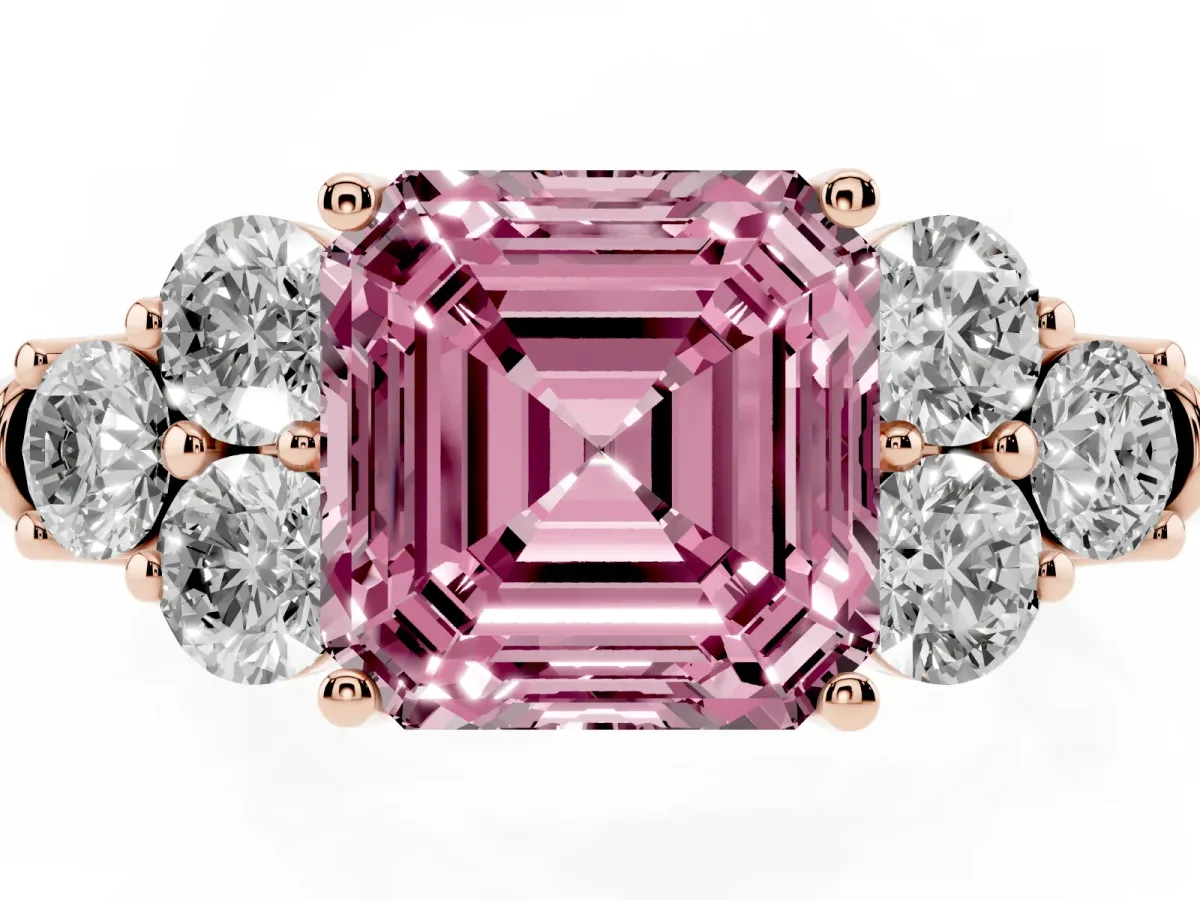 Fancy Pink Asscher Cut Cut Diamond Cluster Ring with Round Accent Stones and Prong Setting on a Classic Band Rose gold