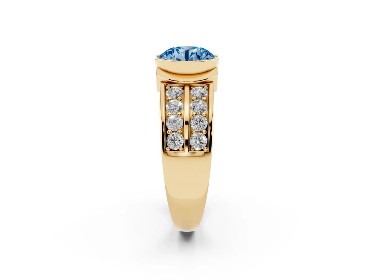 Fancy Blue Round Cut Brilliant Diamond Channel Set Wide Band Ring with Bezel Setting Yellow gold