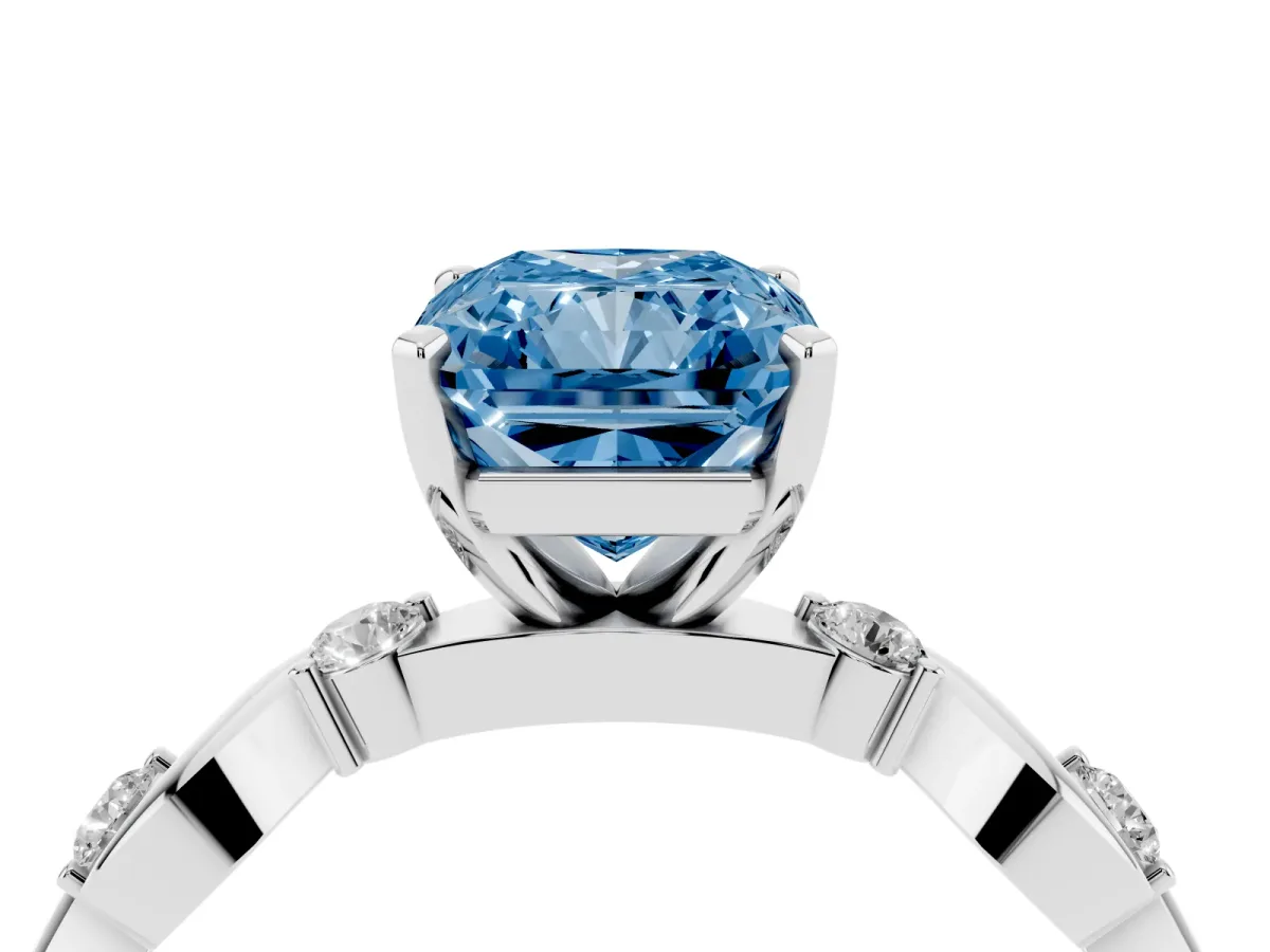 Fancy Blue Radiant Cut Diamond Solitaire Twisted Band with Round Accents and Prong Setting Silver