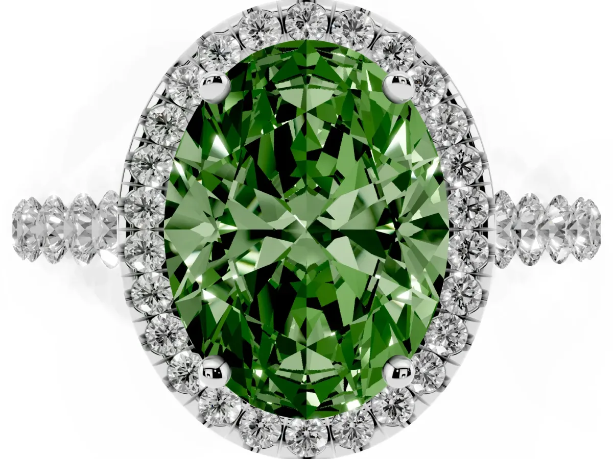 Fancy Green Oval Cut Halo Pavé Diamond Engagement Ring with Four-Prong Setting Silver