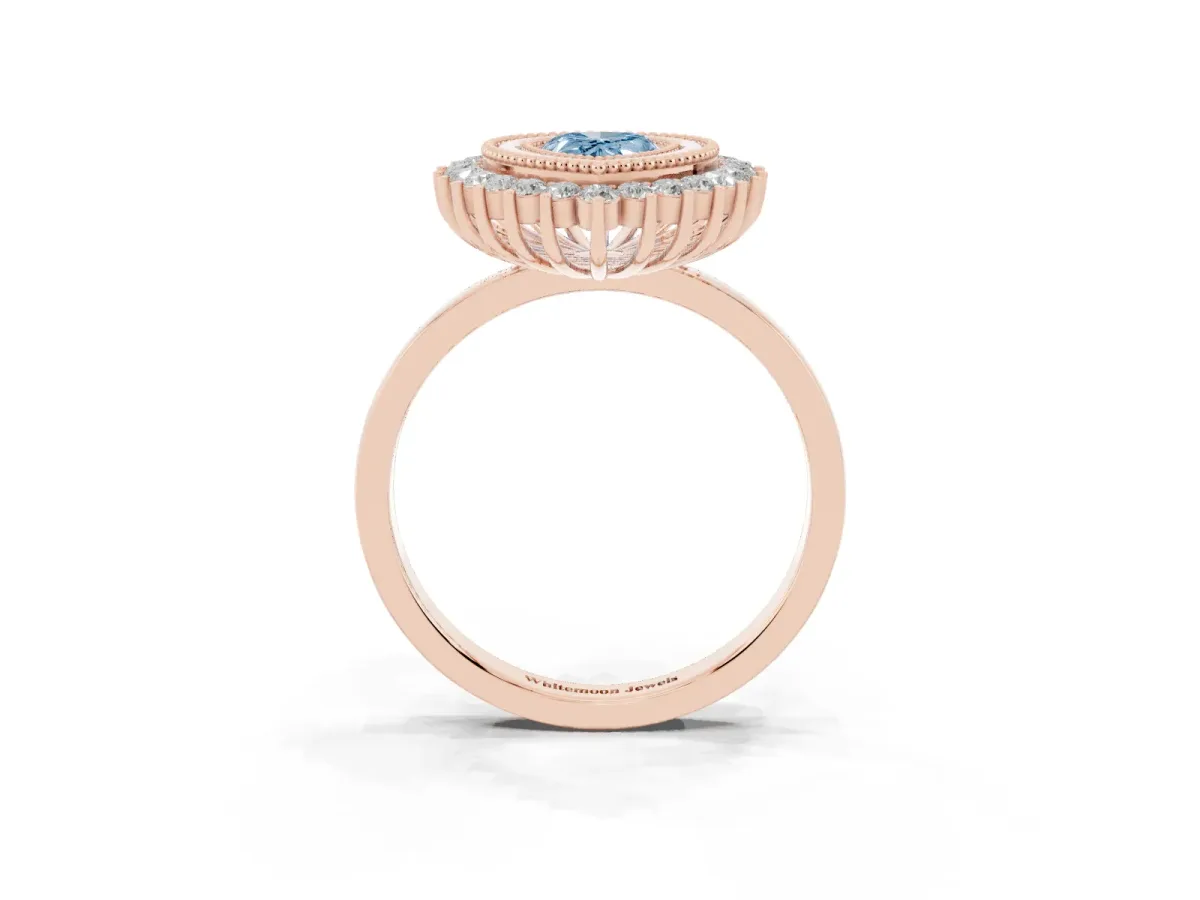 Fancy Blue Pear Cut Halo Diamond Ring with Milgrain Edge and Round Prong Setting Rose gold