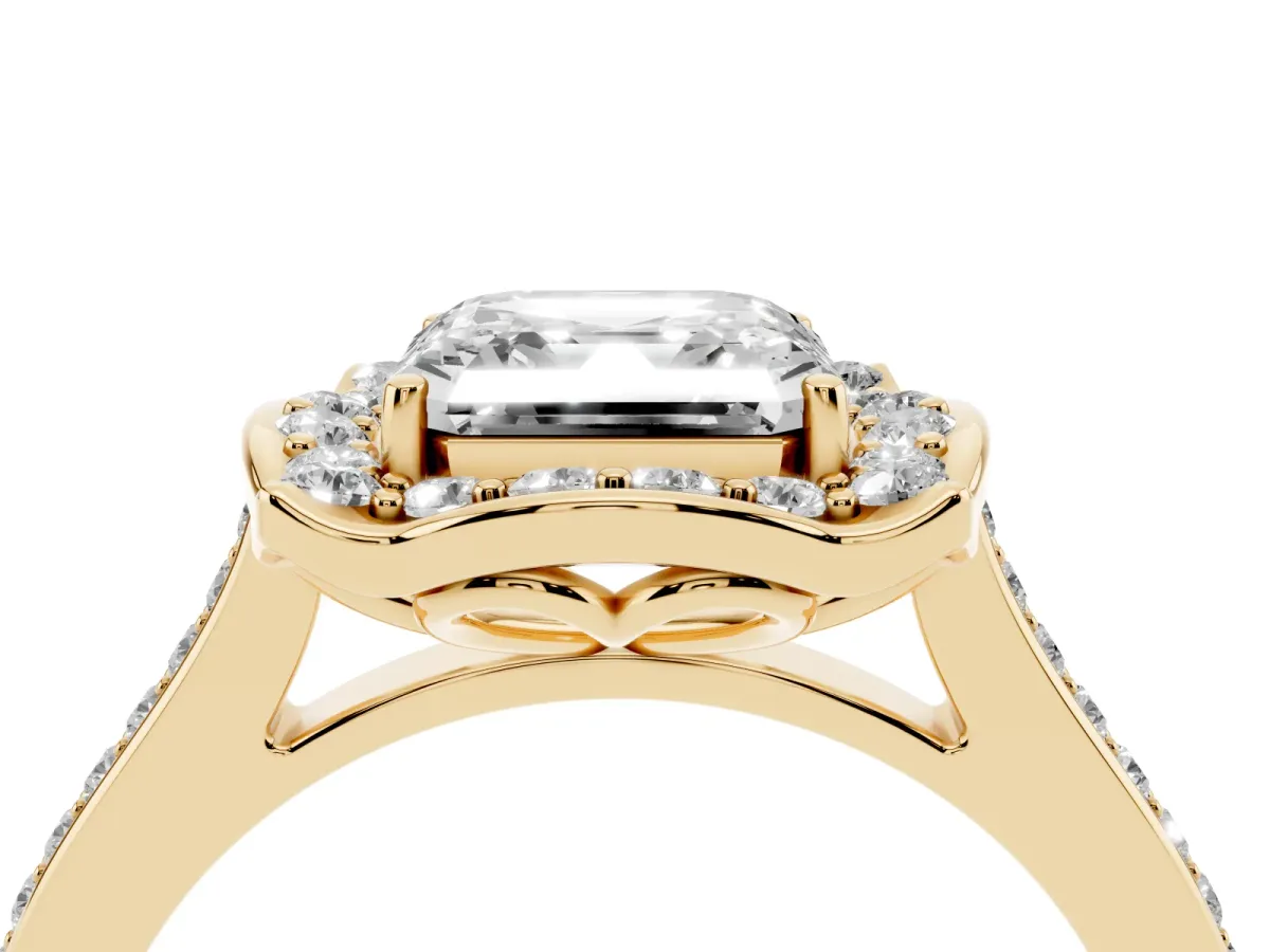 Asscher Cut Halo Round Diamond Pave Band with Four-Prong Setting Yellow gold