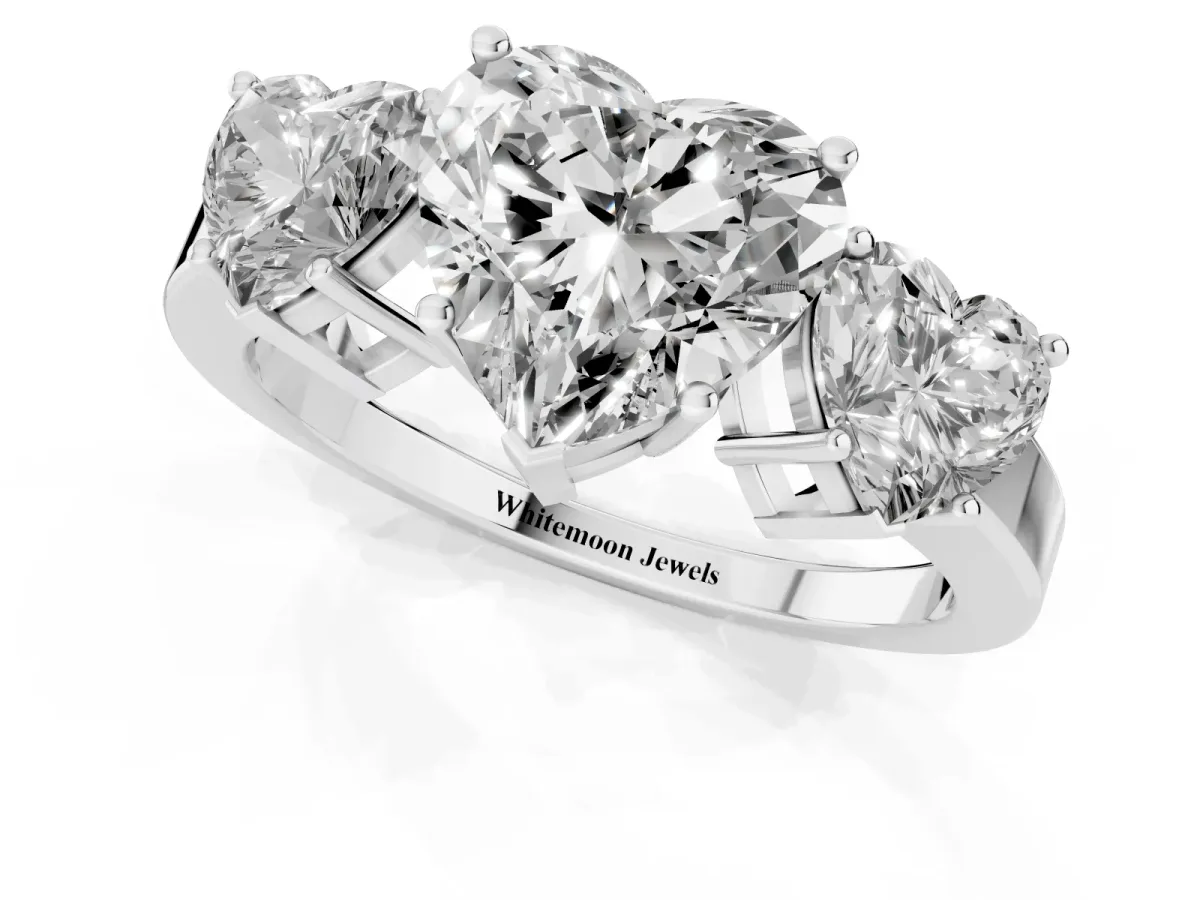Three-Stone Heart Cut Cut Diamond Engagement Ring with Flat Band and Four-Prong Setting Silver