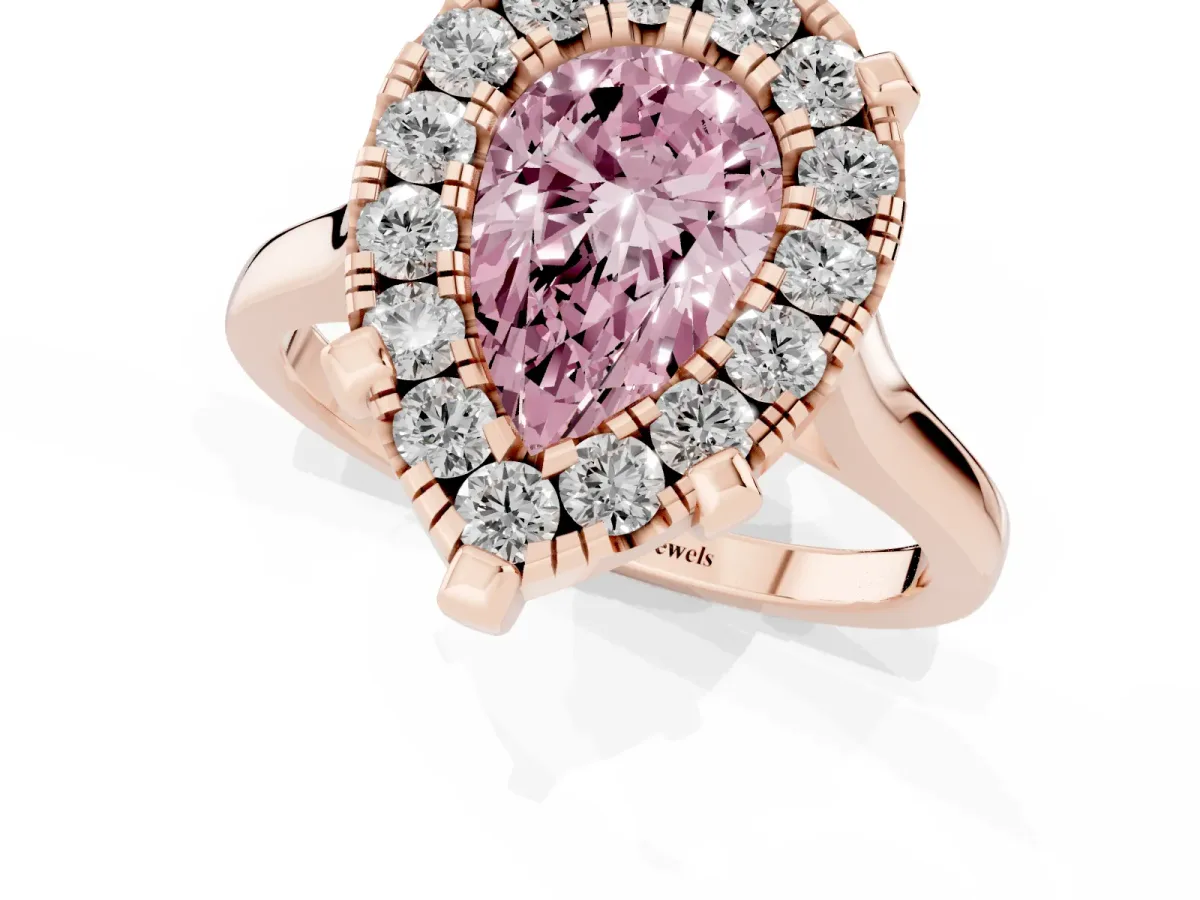 Fancy Pink Pear Cut Diamond Cluster Halo Solitaire with Four-Prong Setting Rose gold