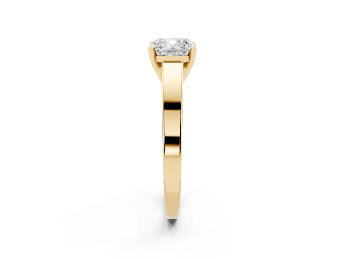 Cushion Cut Solitaire Engagement Ring with Four-Prong Setting and Tapered Band Yellow gold