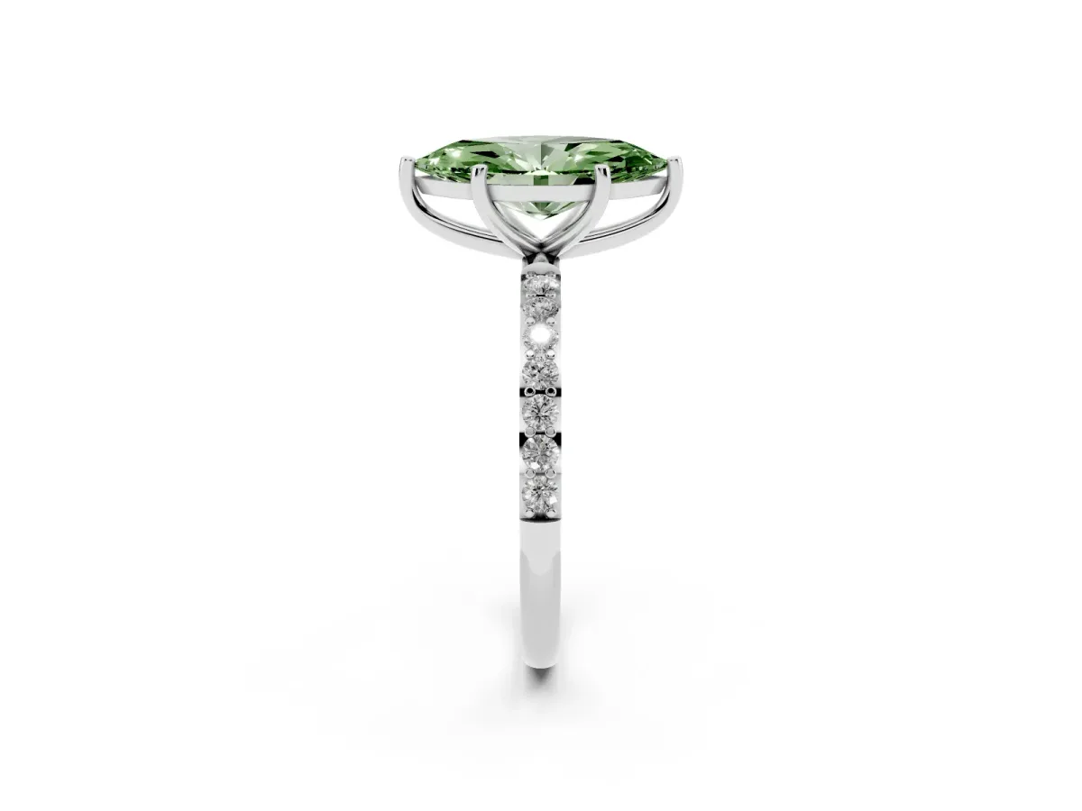 Fancy Green Marquise Cut Diamond Solitaire Ring with Round Pavé Shoulders and Prong Setting Silver