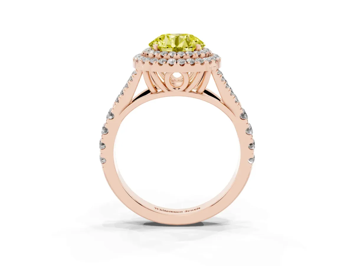 Fancy Yellow Round Cut Cut Double Halo Split Shank Diamond Ring with Prong Setting Rose gold