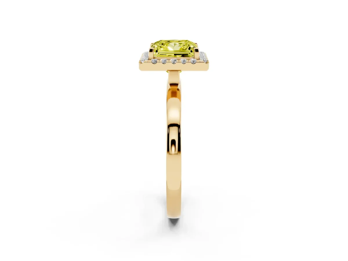 Fancy Yellow Princess Cut Halo Diamond Solitaire with Pavé Band and Four-Prong Setting Yellow gold