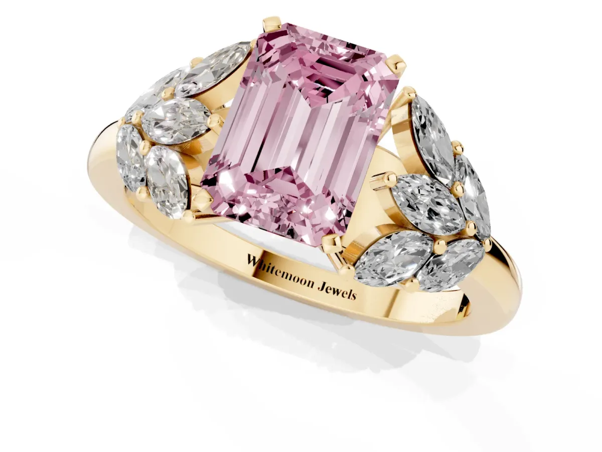 Fancy Pink Emerald Cut Diamond Cluster Leaf Design Ring with Prong Setting Yellow gold