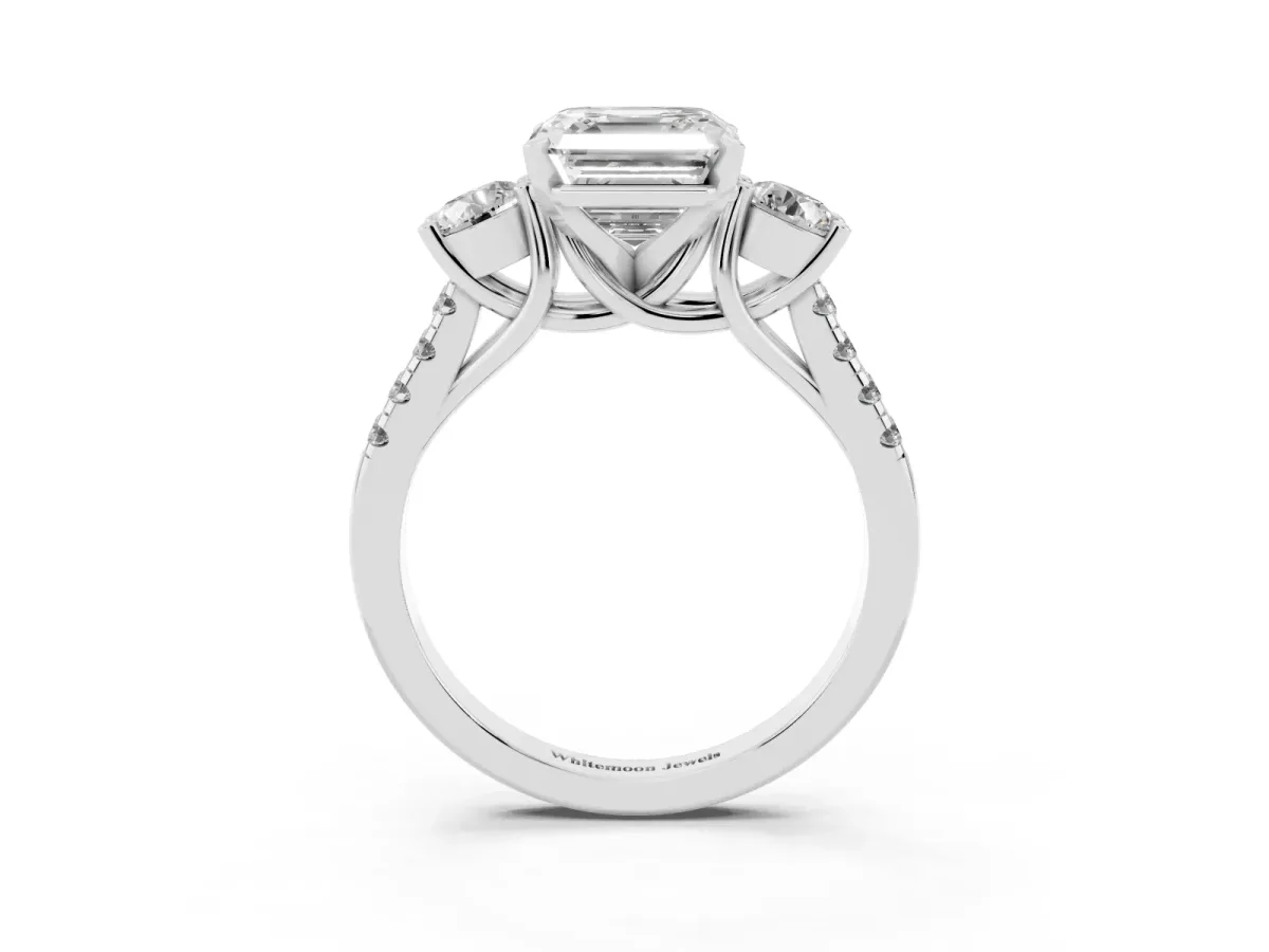 Three-Stone Asscher Cut Diamond Pavé Band with Four-Prong Setting Silver