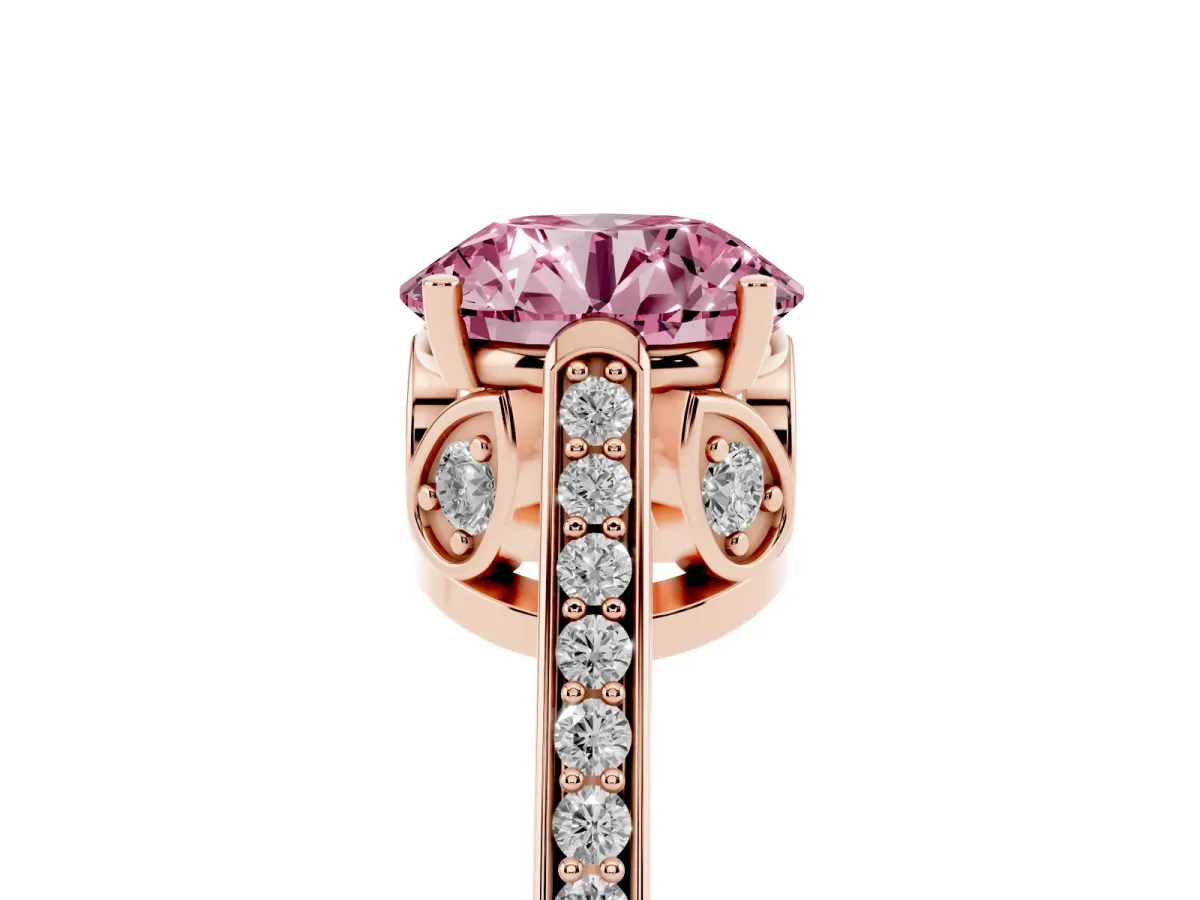 Fancy Pink Round Cut Cut Cathedral Pave Diamond Engagement Ring with Six-Prong Setting Rose gold