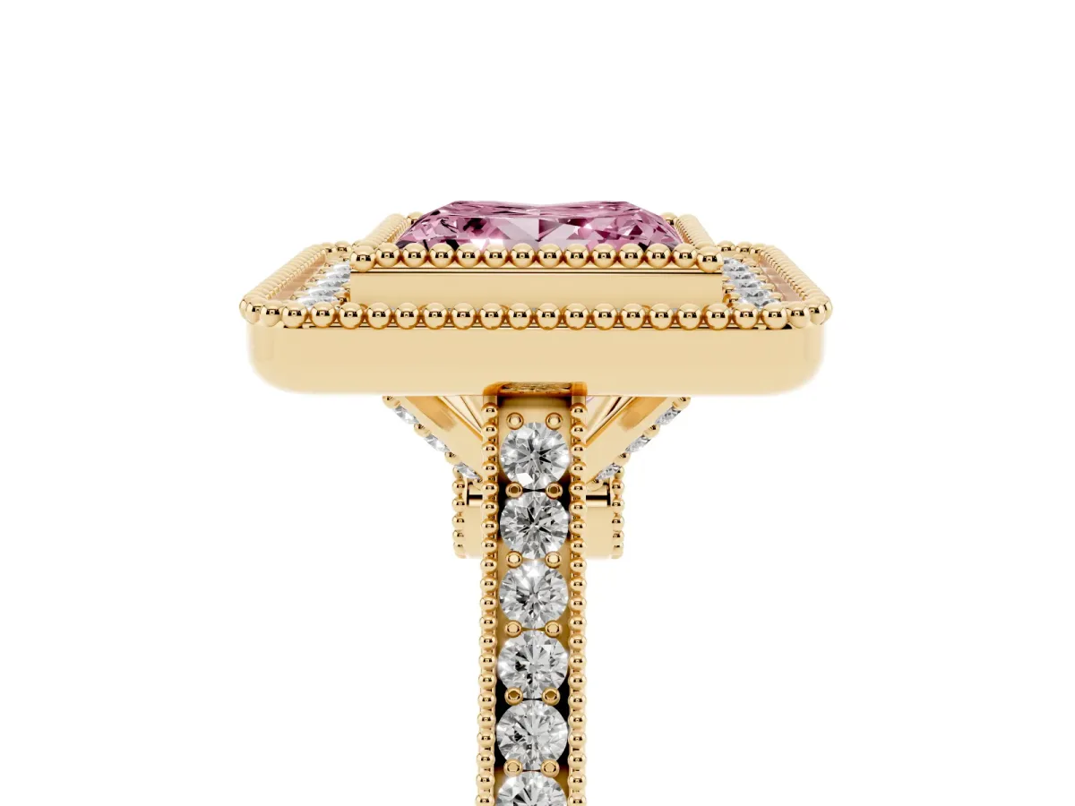 Fancy Pink Princess Cut Diamond Halo Ring with Milgrain Frame and Pavé Band Yellow gold