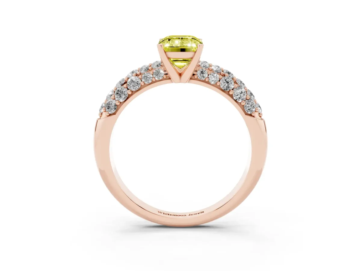Fancy Yellow Emerald Cut Diamond Pavé Band Solitaire Ring with Four-Prong Setting Rose gold