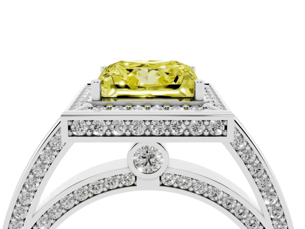 Fancy Yellow Princess Cut Cut Halo Pave Split Shank Prong Setting Ring White gold