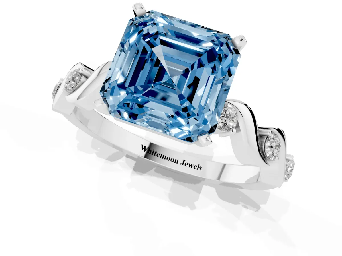 Fancy Blue Asscher Cut Diamond Solitaire Twisted Band with Round Accents and Prong Setting White gold