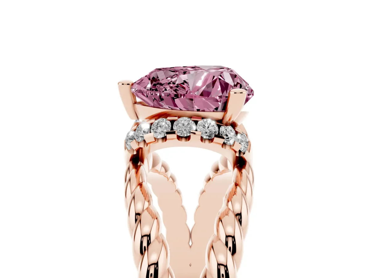 Fancy Pink Heart Cut Halo Twisted Band Four-Prong Ring Rose gold