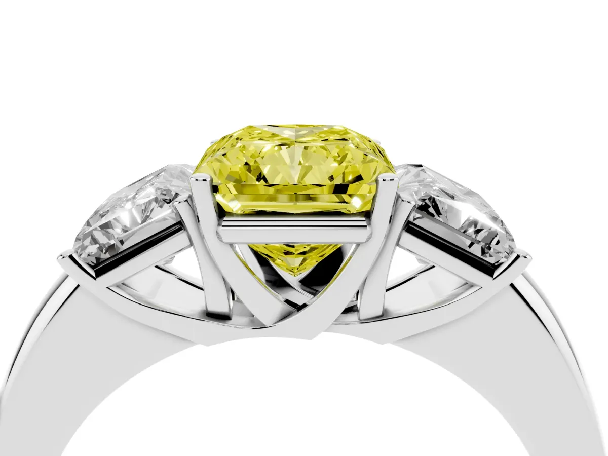 Fancy Yellow Radiant Cut Diamond Three-Stone Ring with Four-Prong Setting and Classic Band Silver