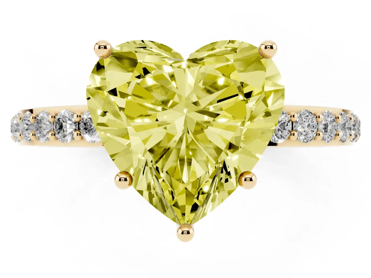 Fancy Yellow Heart Cut Diamond Solitaire Ring with Pavé Band and Hidden Halo Yellow gold