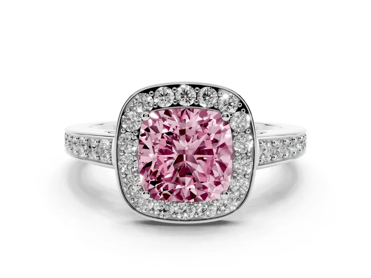 Fancy Pink Cushion Cut Halo Pavé Diamond Engagement Ring with Bezel Setting Silver