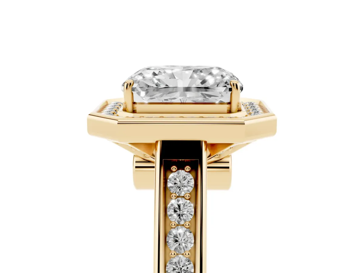 Emerald Cut Halo Solitaire Diamond Ring with Pave Band and Bezel Setting Yellow gold