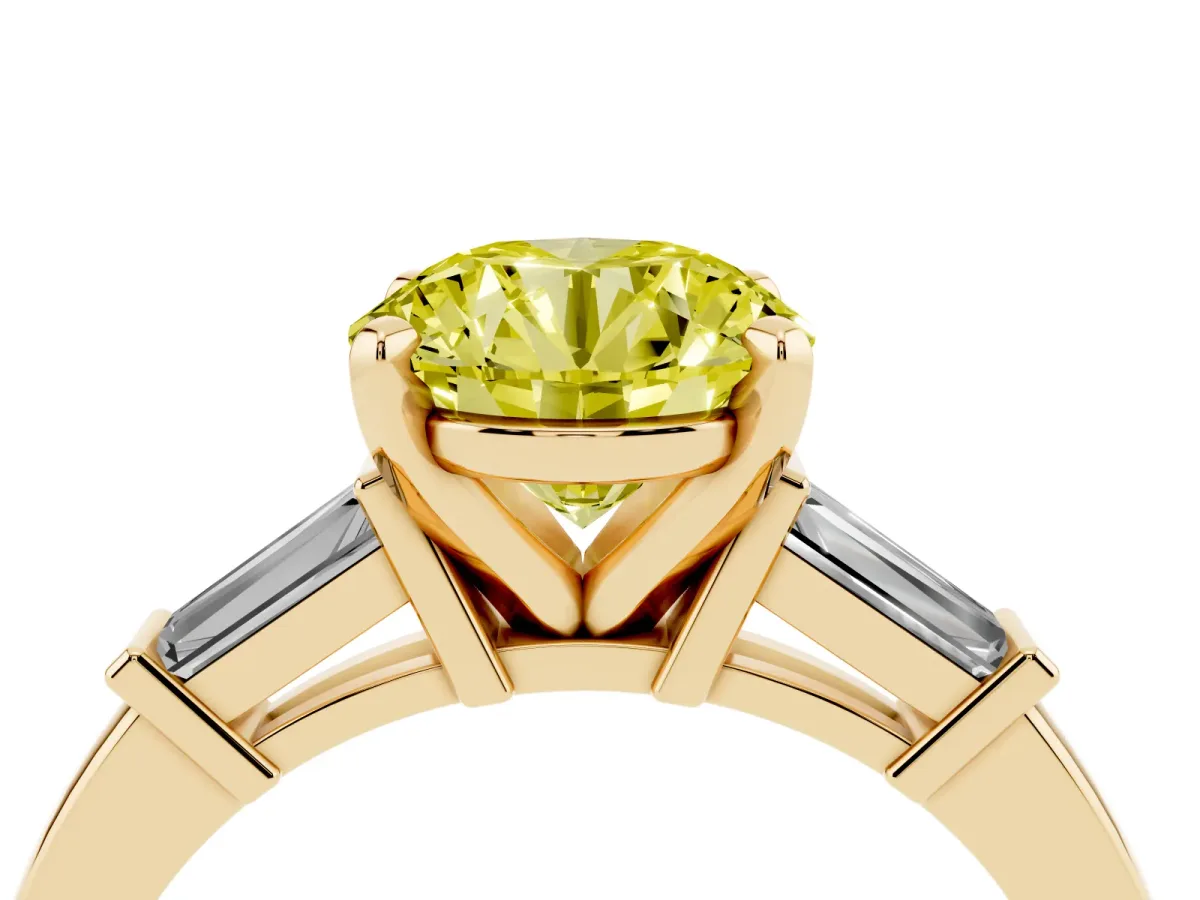 Fancy Yellow Round Cut Cut Diamond Solitaire Ring with Tapered Baguette Accents and Four-Prong Setting Yellow gold