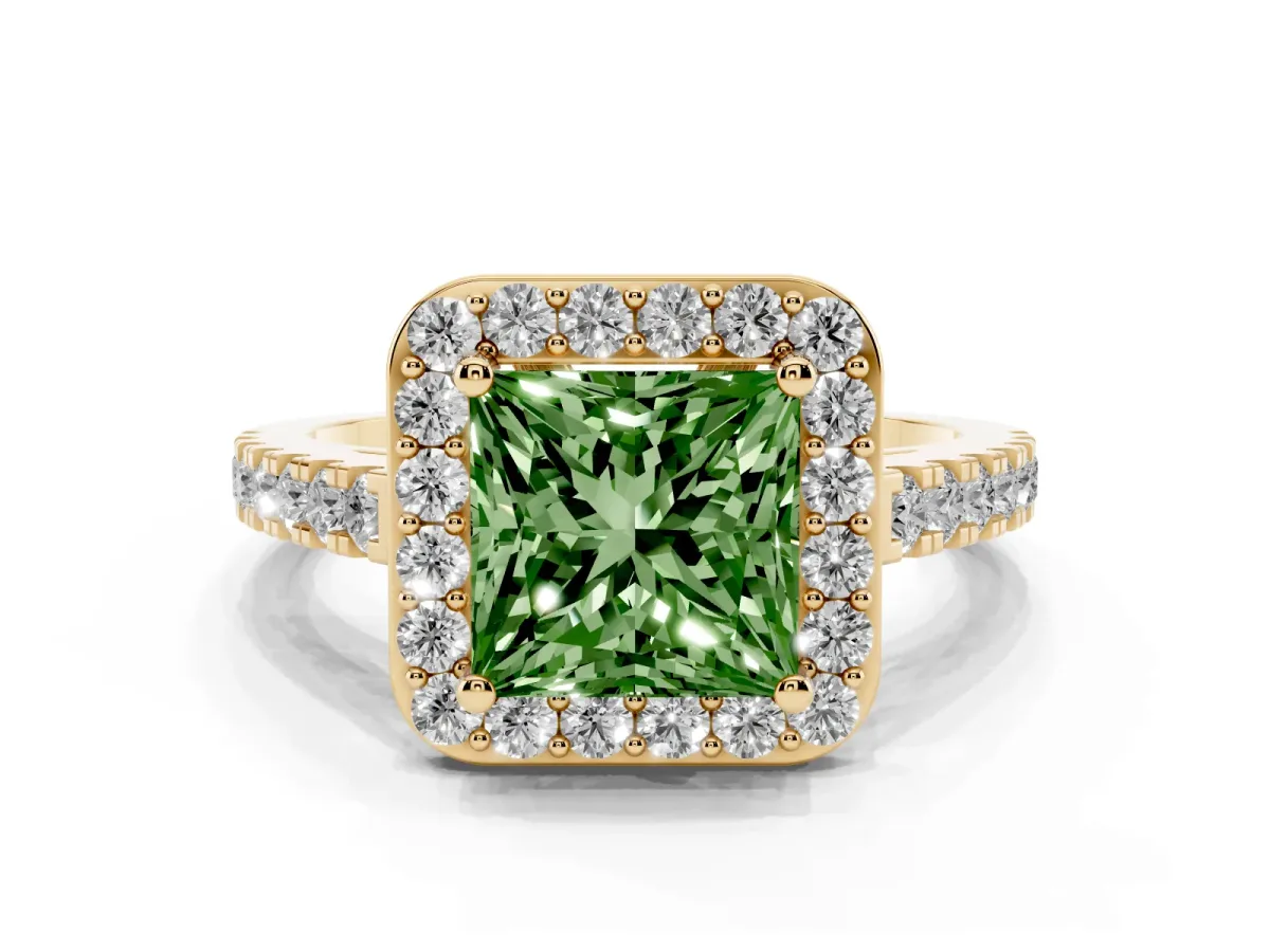 Fancy Green Princess Cut Diamond Halo Ring with Round Pavé Split Shank and Prong Setting Yellow gold