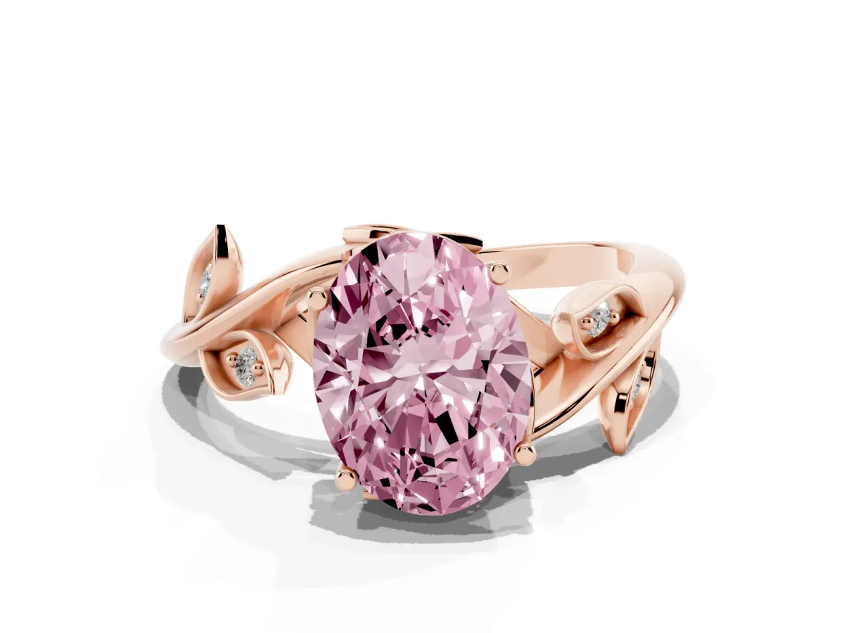 Fancy Pink Oval Cut Solitaire Twist Engagement Ring with Leaf Accents and Prong Setting Rose gold