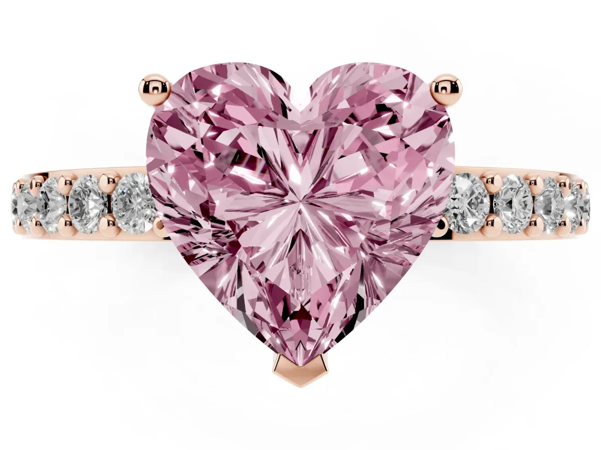 Fancy Pink Heart Cut Cut Diamond Solitaire with Pave Band and Four-Prong Setting Rose gold
