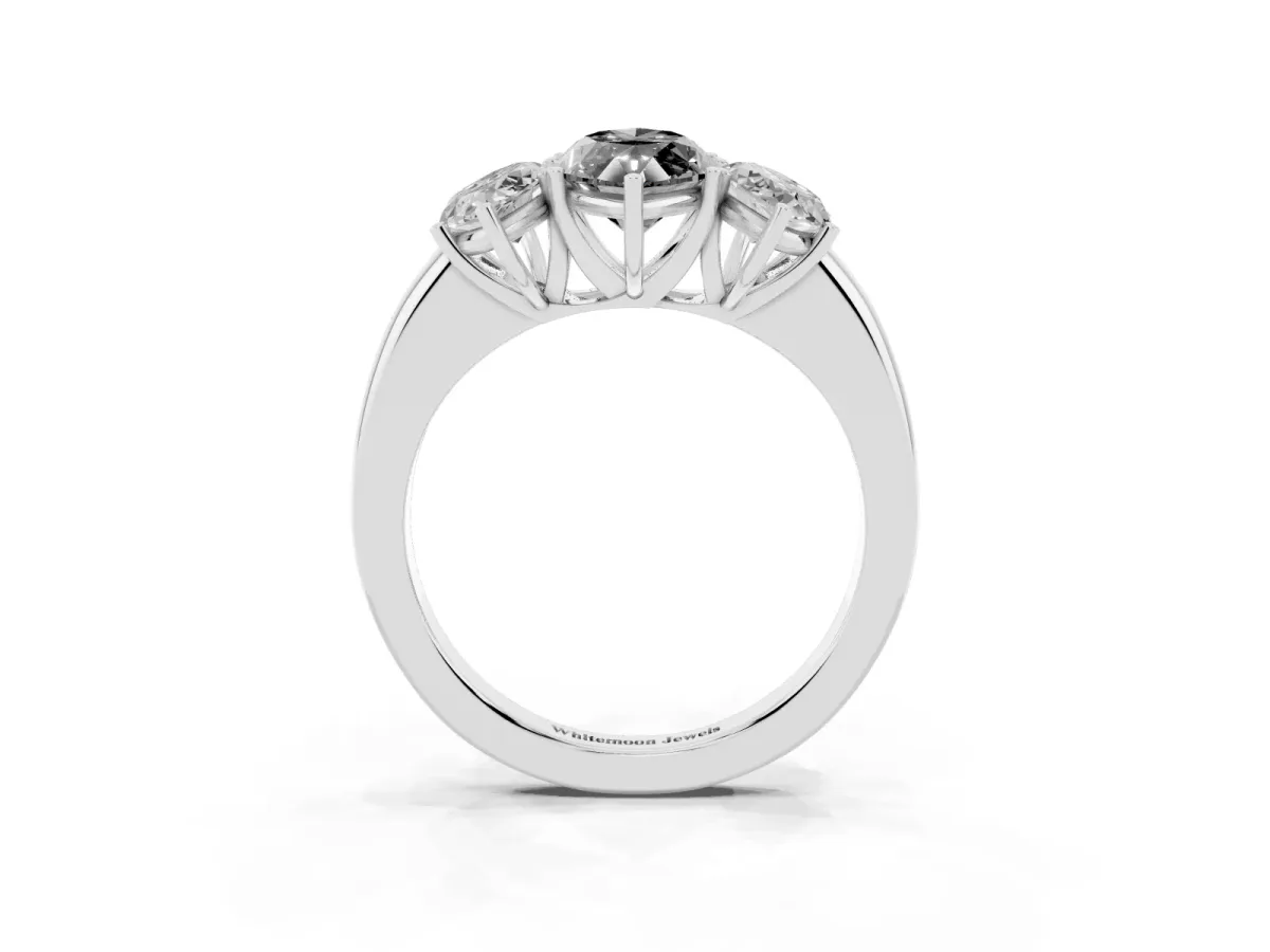 Fancy Black Marquise Cut Diamond Three-Stone Ring with Four-Prong Setting and Classic Band Silver