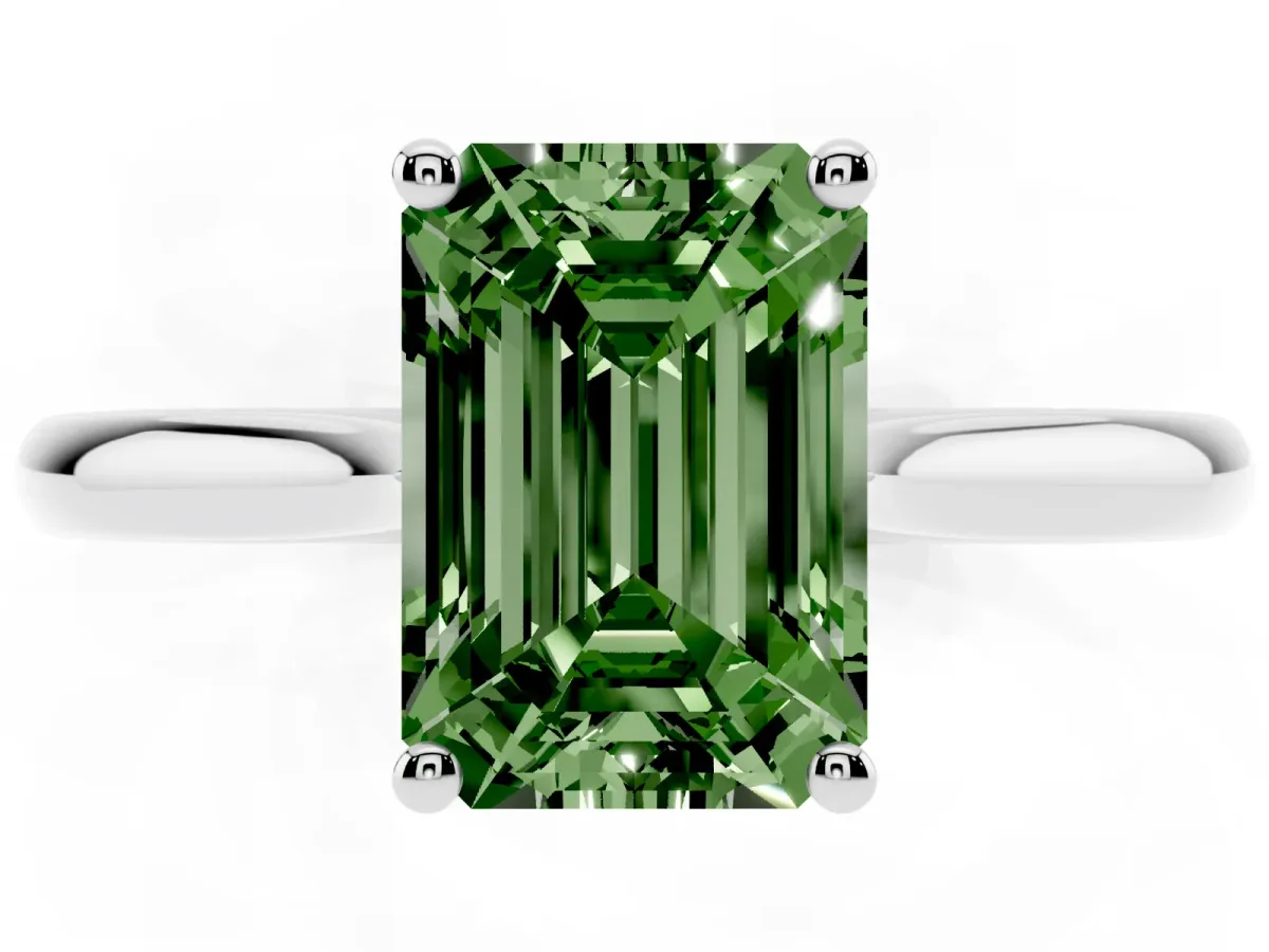 Fancy Green Emerald Cut Cut Solitaire Ring with Cathedral Band and Four-Prong Setting Platinum