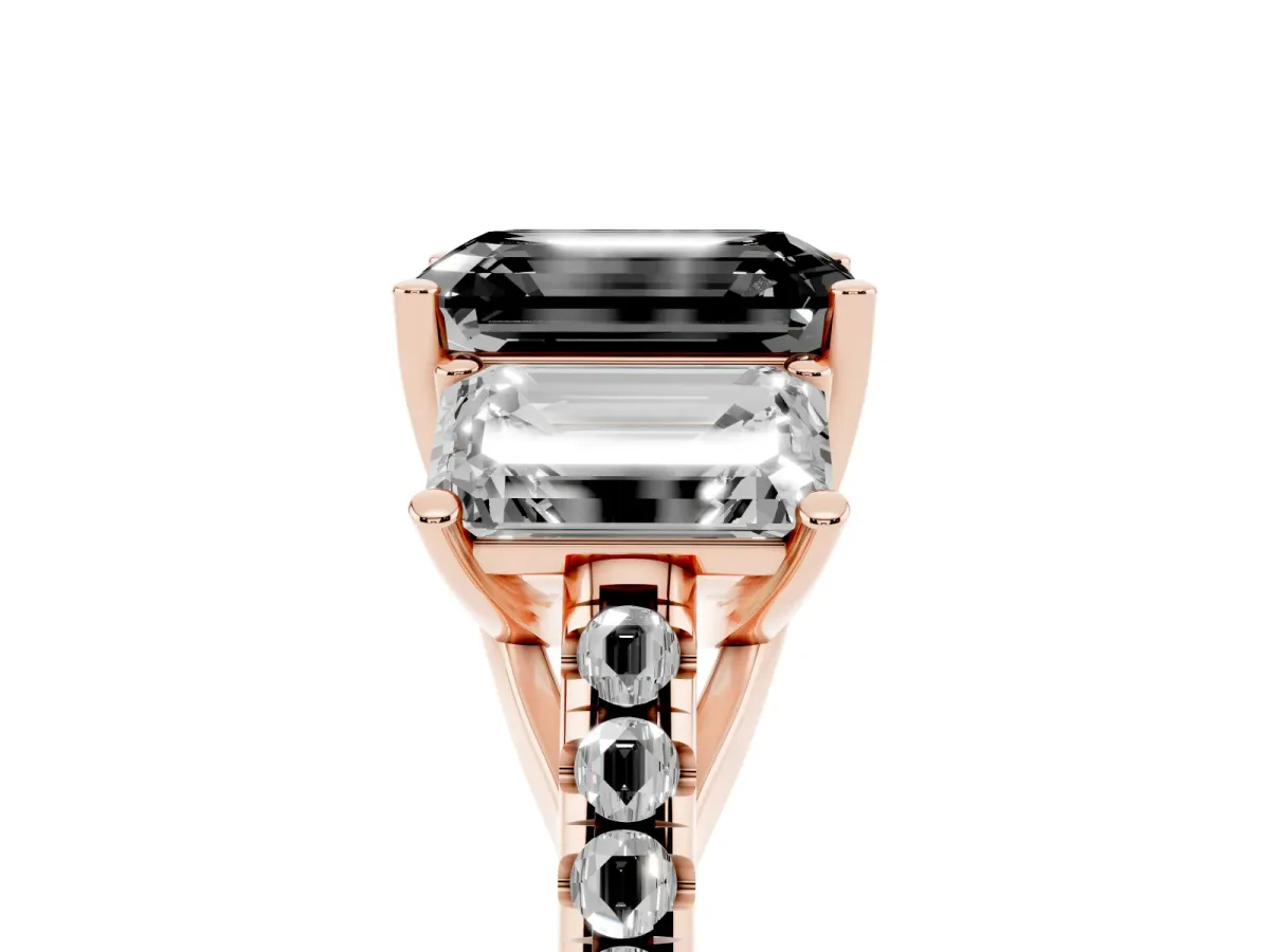 Fancy Black Three-Stone Emerald Cut Diamond Ring with Round Pavé Band and Prong Setting Rose gold