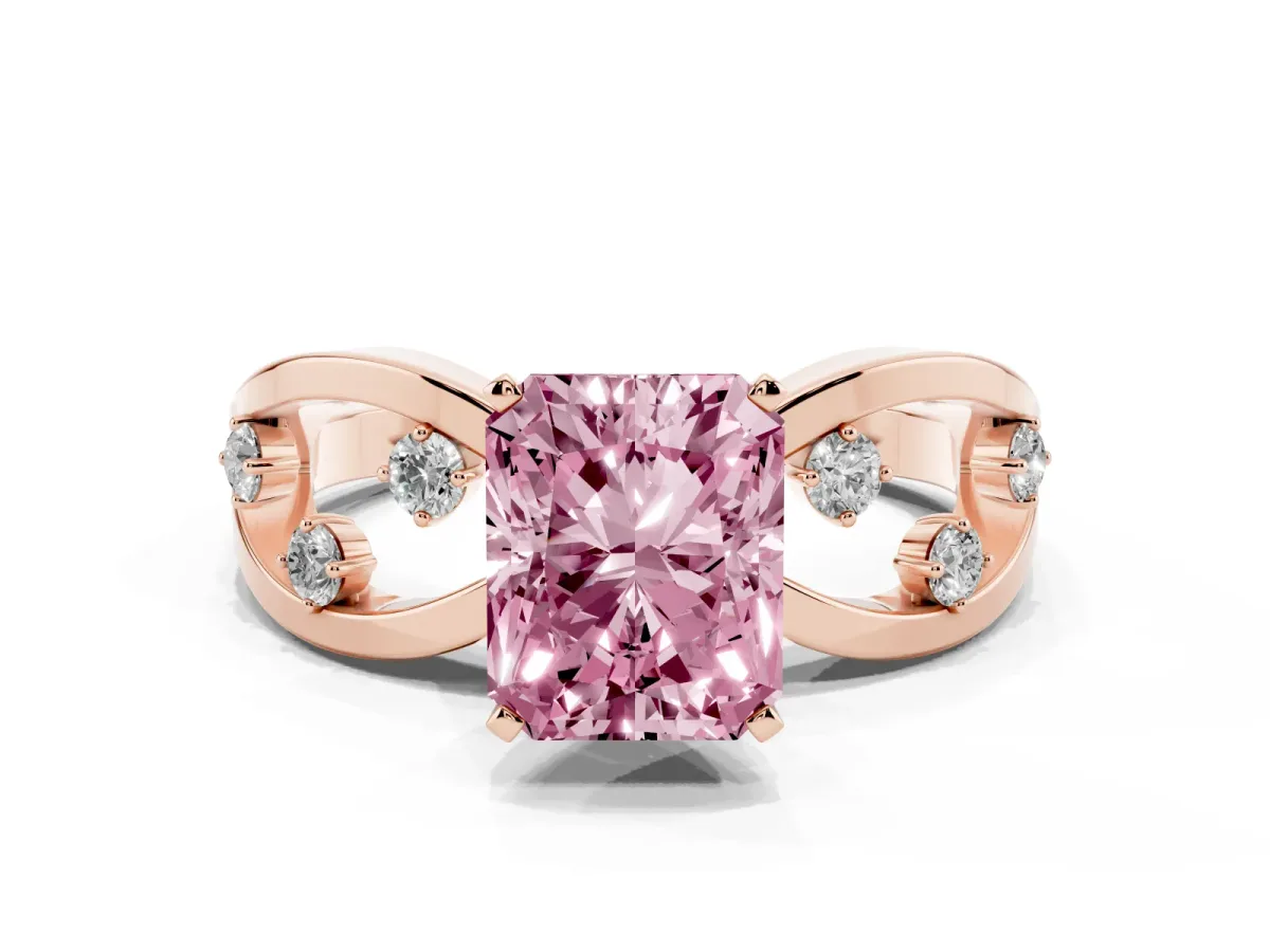 Fancy Pink Radiant Cut Cut Solitaire Diamond with Side Stones on Criss-Cross Band and Four-Prong Setting Rose gold