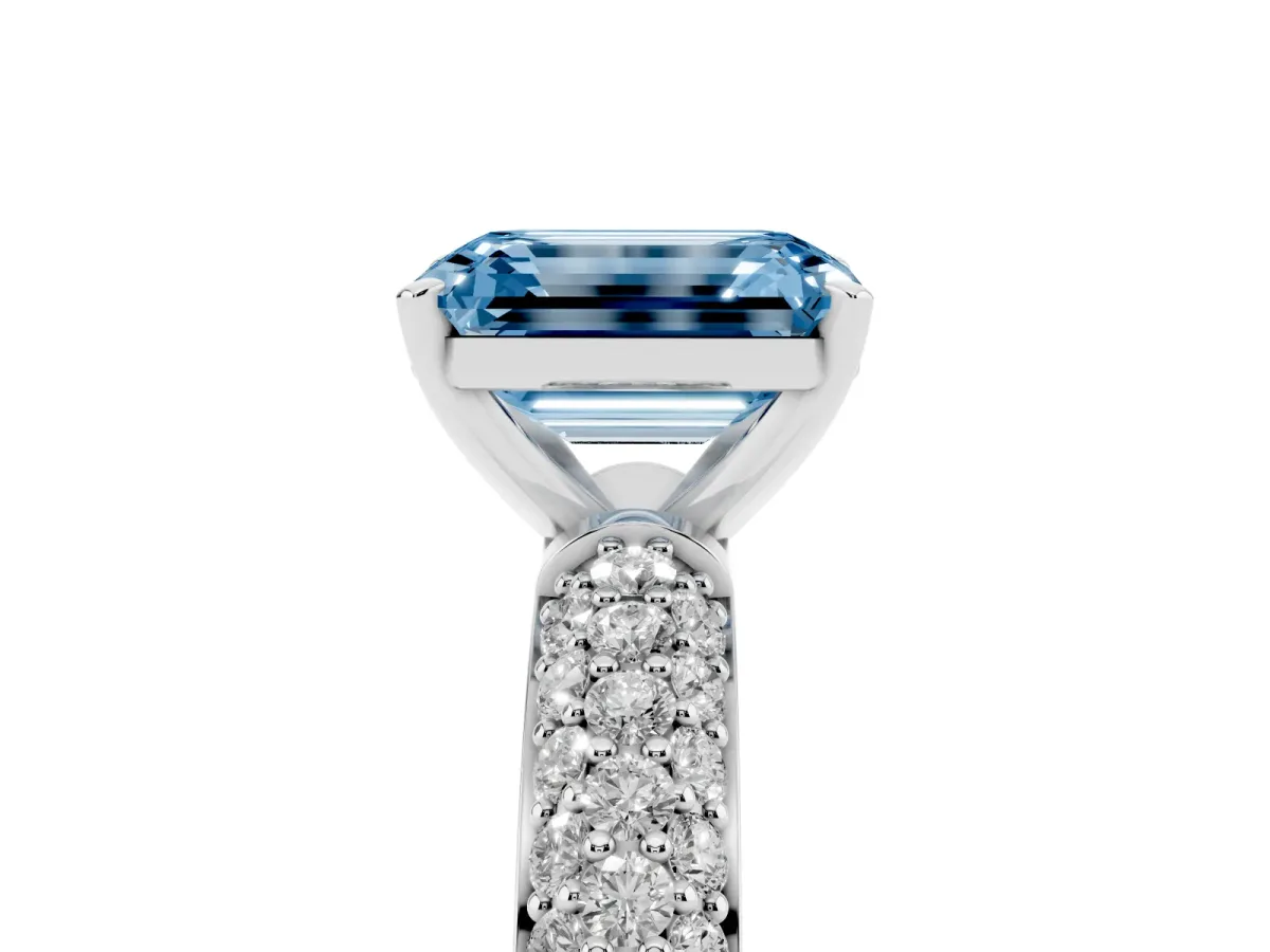 Fancy Blue Emerald Cut Diamond Solitaire Ring with Prong Setting and Pavé Band Silver
