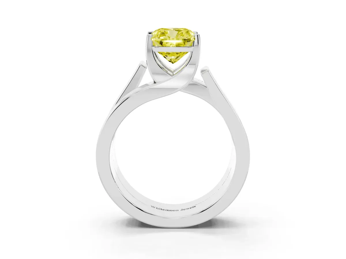 Fancy Yellow Modern Tension Set Cushion Cut Diamond Solitaire Wide Band Ring Platinum