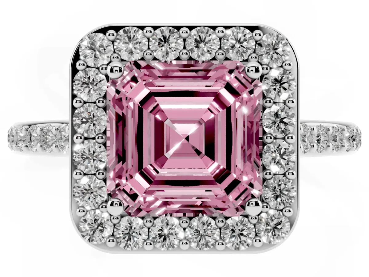 Fancy Pink Asscher Cut Diamond Halo Engagement Ring with Round Pavé Shoulders and Prong Setting White gold