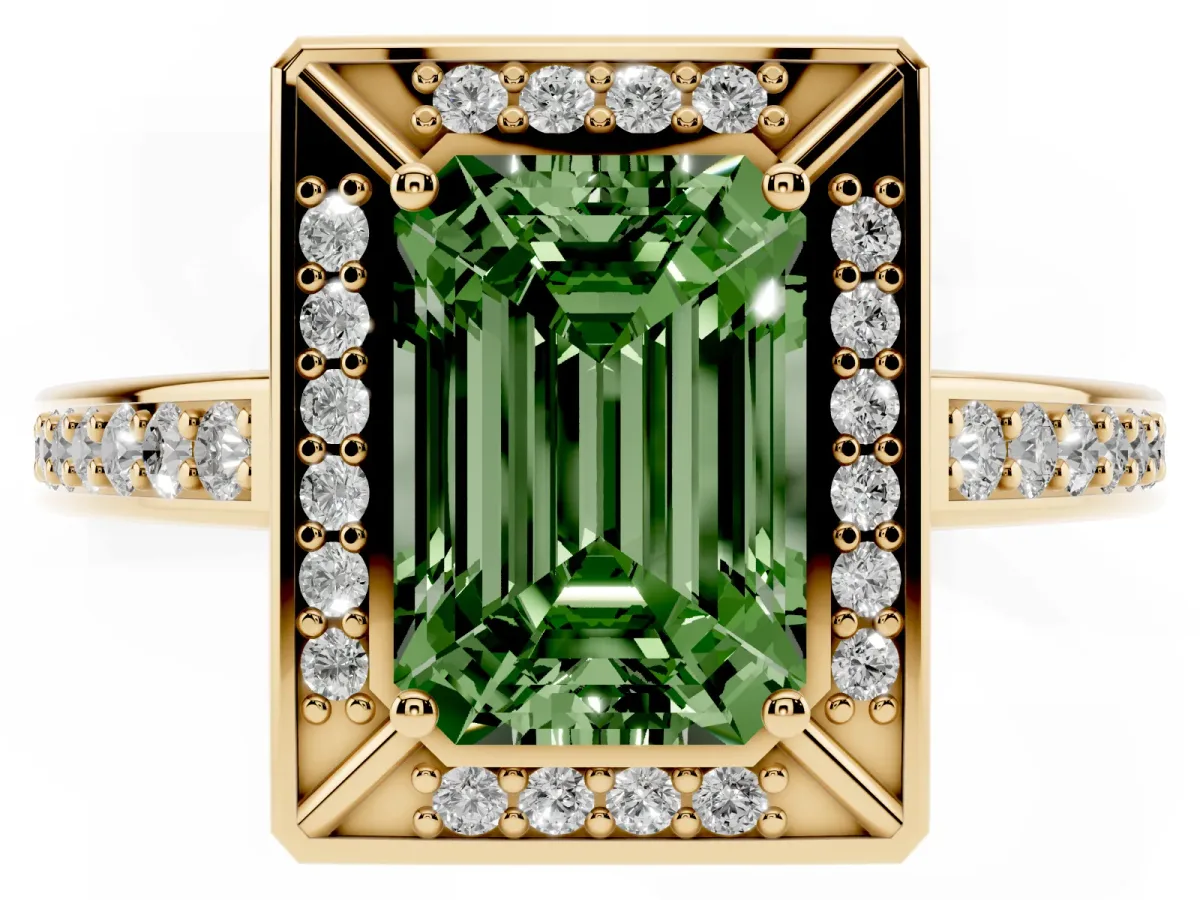 Fancy Green Emerald Cut Cut Halo Pave Split Shank Prong Setting Ring Yellow gold