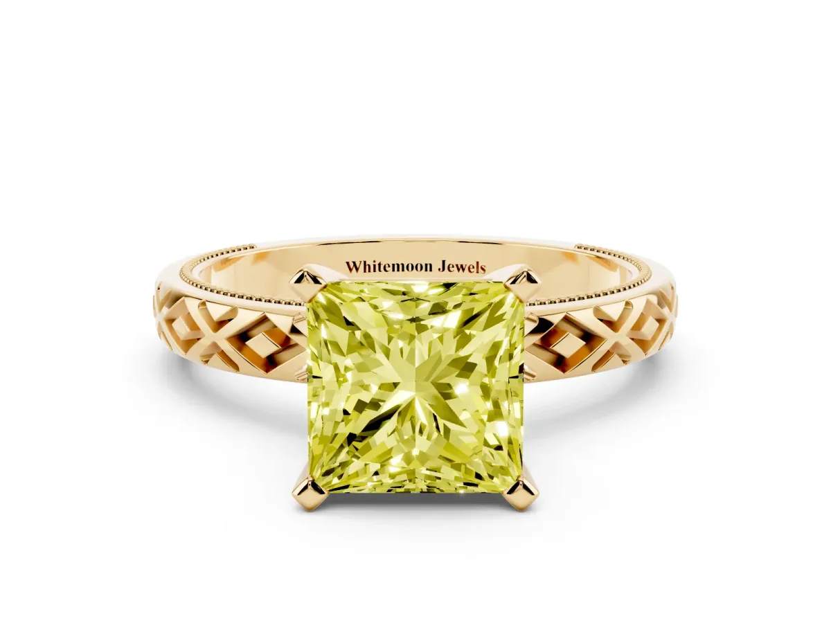 Fancy Yellow Princess Cut Solitaire Diamond Ring with Milgrain and Black Enamel X Pattern Band Yellow gold