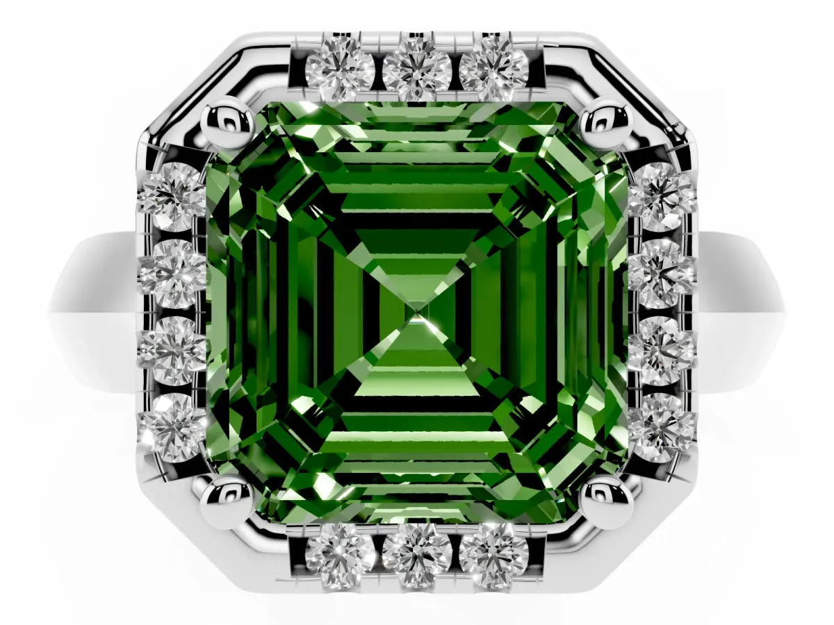 Fancy Green Asscher Cut Cut Halo Solitaire Engagement Ring with Square Band and Four-Prong Setting Silver