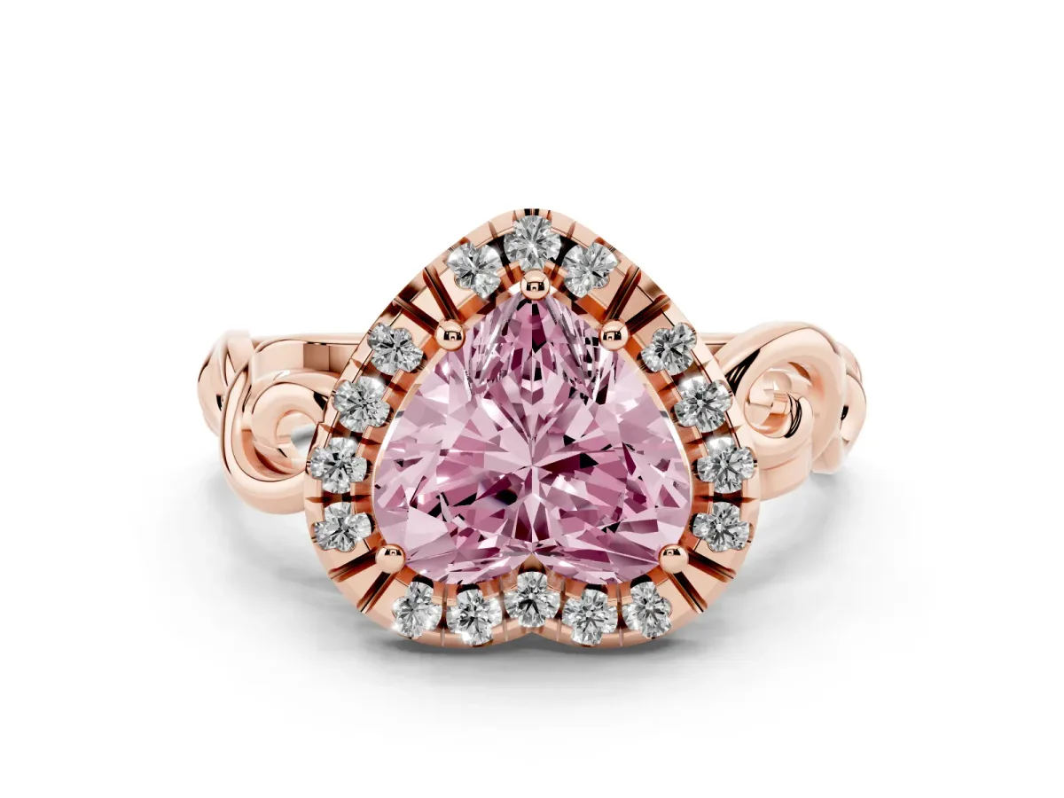 Fancy Pink Heart Cut Cut Halo Diamond Ring with Scrollwork Band and Four-Prong Setting Rose gold