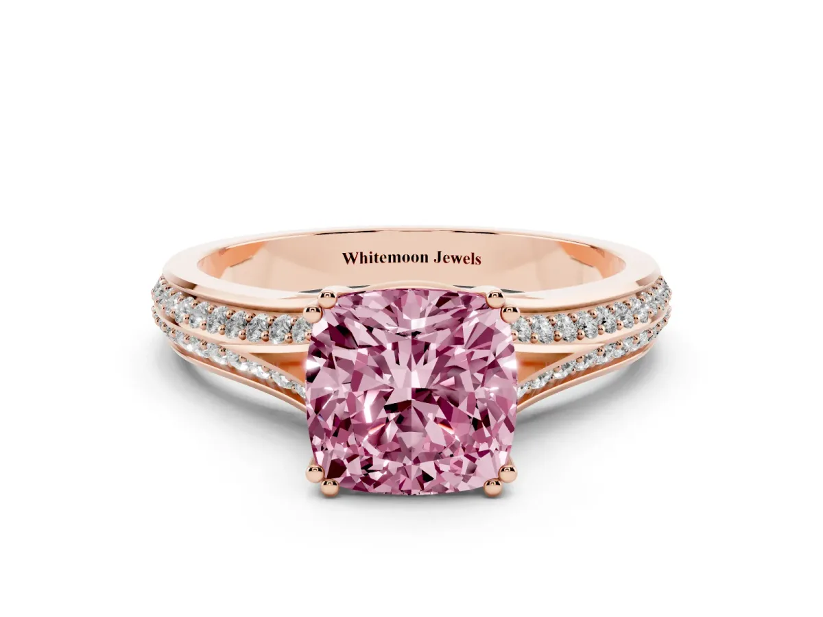 Fancy Pink Cushion Cut Diamond Split Shank Engagement Ring with Pavé Band Rose gold