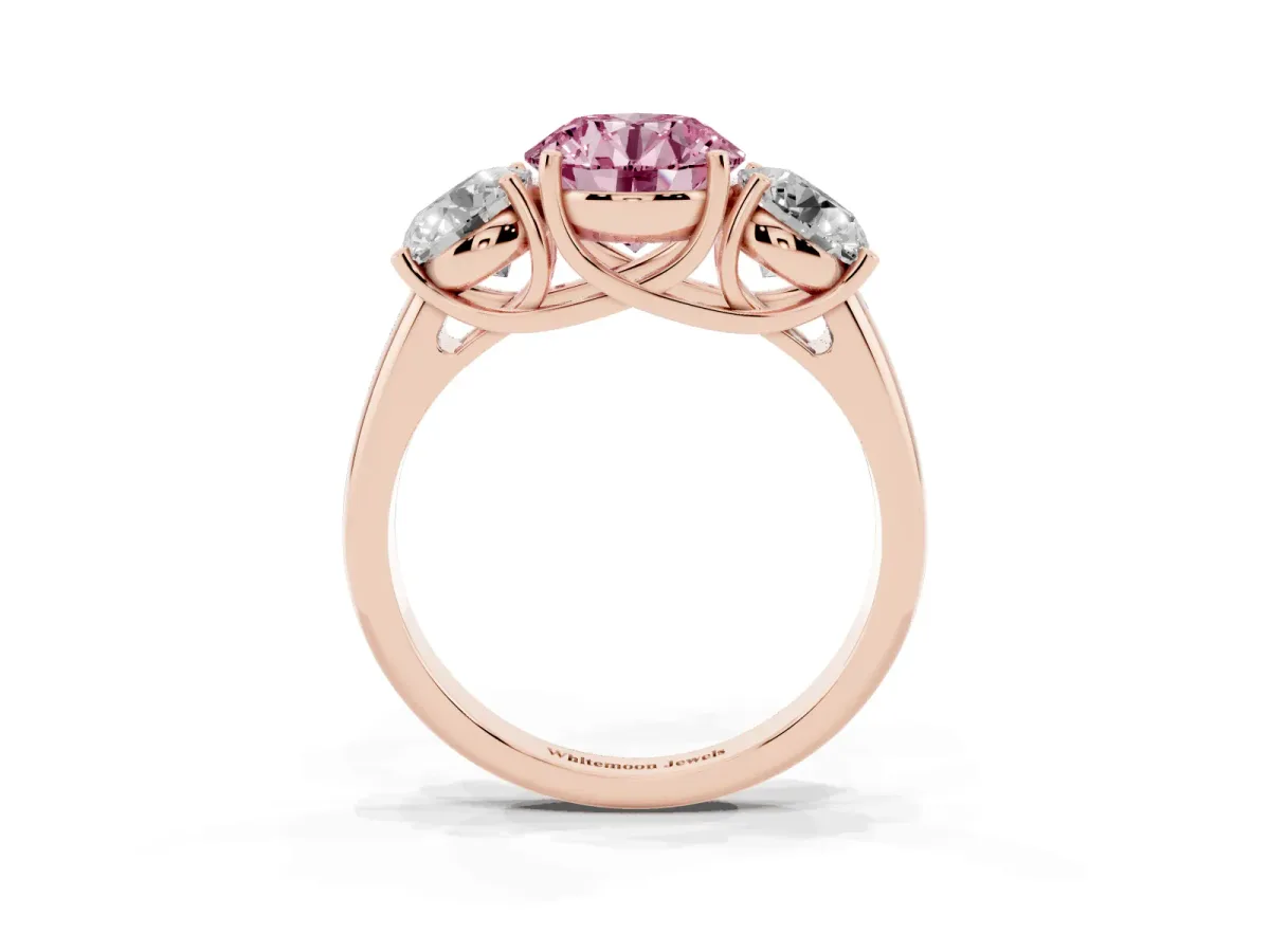 Fancy Pink Three-Stone Round Cut Diamond Engagement Ring with Prong Setting Rose gold