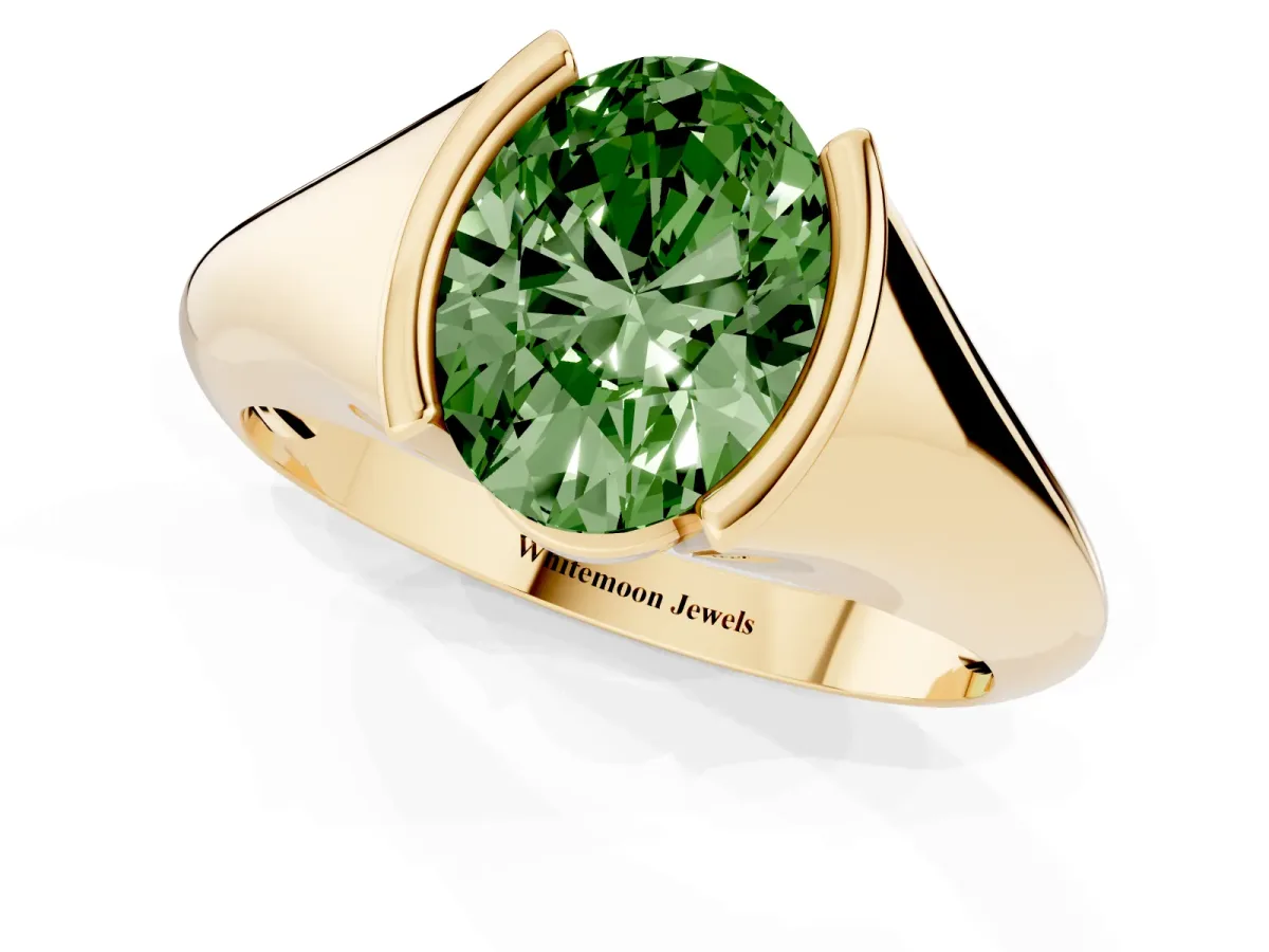Fancy Green Oval Cut Solitaire Tension Set Diamond Ring Yellow gold