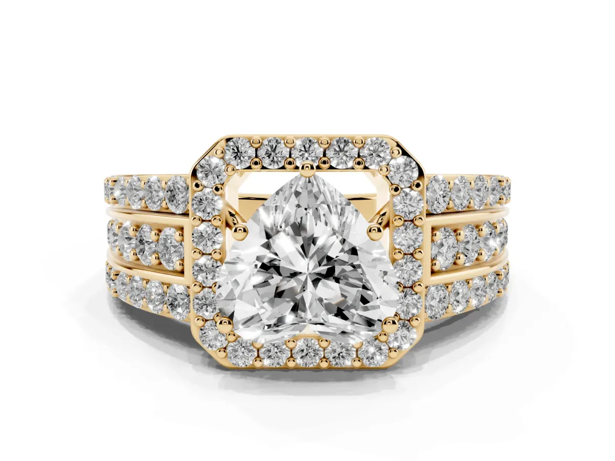 Heart Cut Halo Diamond Ring with Round Split Shank and Prong Setting Yellow gold