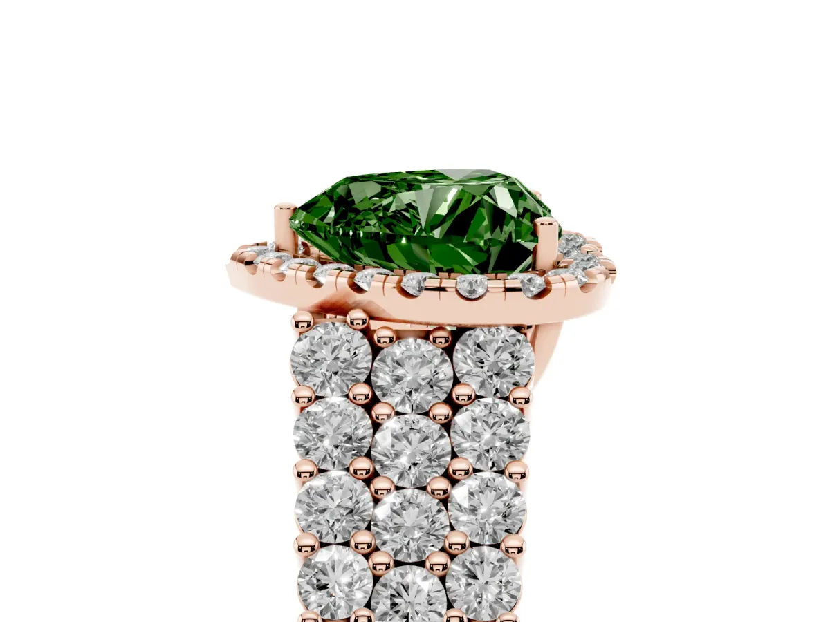 Fancy Green Heart Cut Diamond Halo Engagement Ring with Triple Row Round Pavé Band and Prong Setting Rose gold